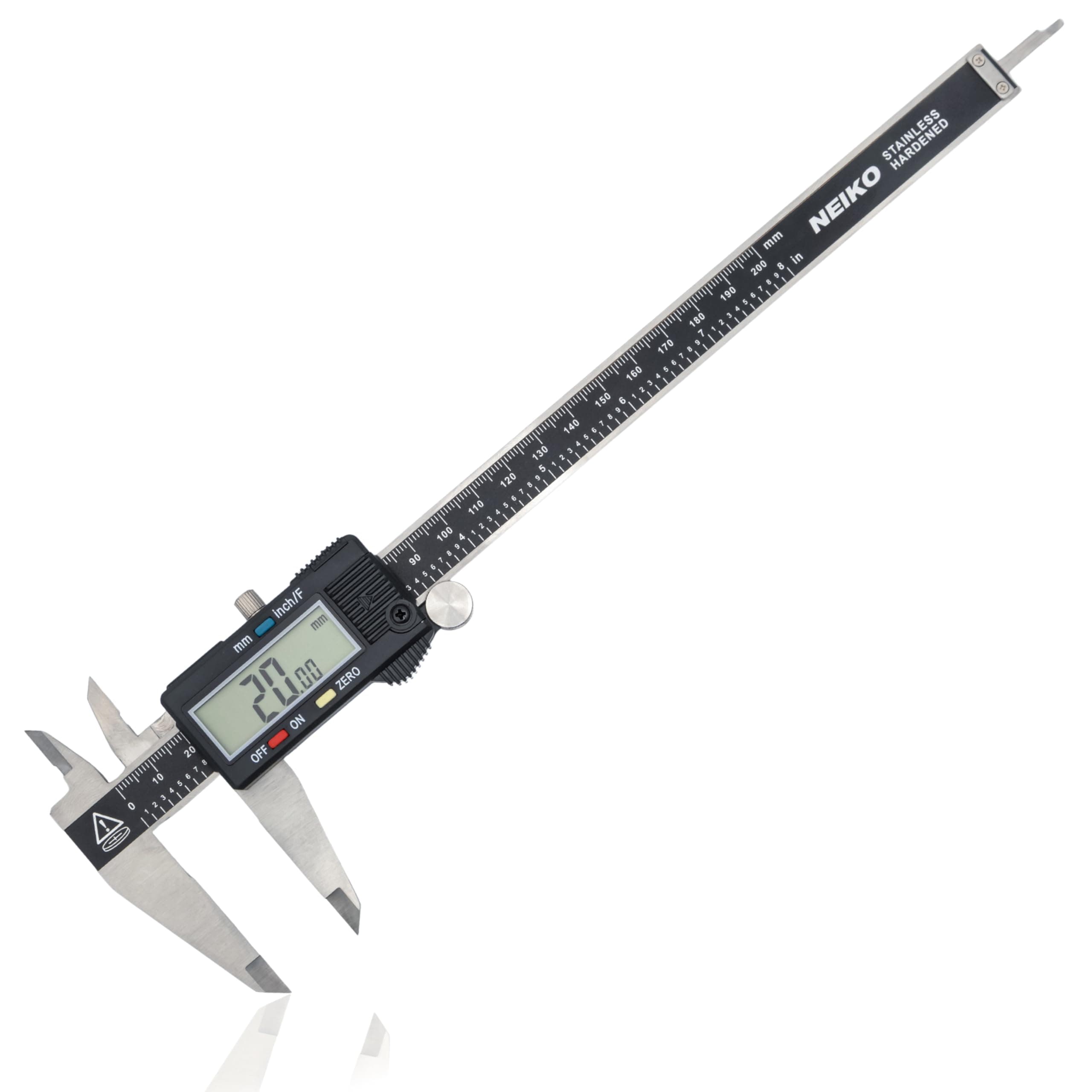 01408A 8” Electronic Digital Caliper Extra Large Display | 0-8 Inches | Inch/Fractions/Millimeter Conversion | Polished Stainless Steel