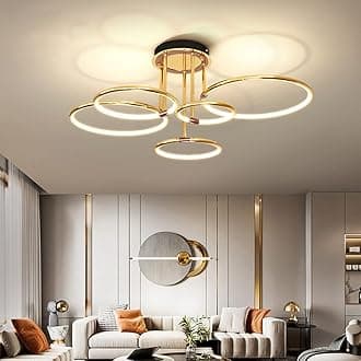 LED Ceiling Light Creative Gold Ringshape Design Living Room Ceiling Lamp Dimmable with Remote Control Bedroom Lamp for Study Room, Living Room, Bedroom, Dining Room Lighting (5 Rings)
