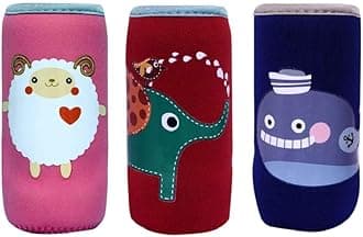 The Cheeky Kidzz Cute Animated Patterned Soft Stretchable Baby Feeding Bottle Cover with Easy to Hold Strap for 120ml, 150ml, 240ml (Pack of 3)