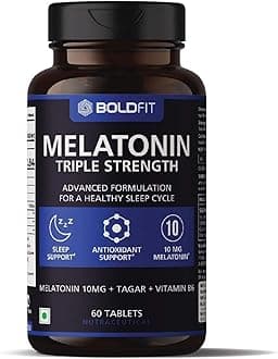 Boldfit Melatonin 10mg Sleeping Pills with Tagar 250mg and Vitamin B6 Non-Habit Forming Sleep Supplement for Men & Women Melatonin Tablets for Relaxation Sleep Routine & Night-Time Support- 60 Vegetarian Tablets