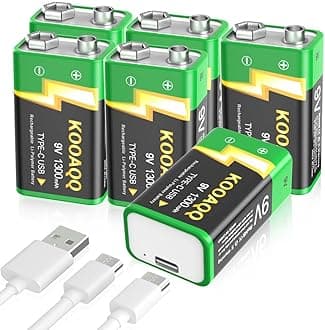 9V Lithium Battery, High Capacity 1300mAh 9 Volt Lithium-ion Long Lasting Power, USB-C Recharge with 2 in 1 Charging Cable for Smoke Alarms,Multimeters,Toys,Microphones,Walkie-Talkie, 6-Pack