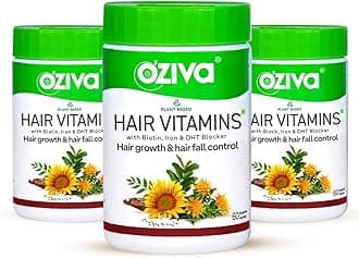 OZiva Hair Vitamins Capsules for Hair Growth |100% Natural with Biotin, Iron, DHT Blocker & Vitamin E I Clinically Proven Hair Growth Supplements for Women & Men (3 Months, Results Pack), 250 grams