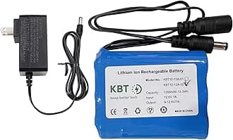 KBT 12V 1200mAh Rechargeable Li-ion Battery, 12 Volt DC5521 Male Connector, Replacement Battery Pack with Charger Compatible for 12V Devices RC Car, Boat, Robot, DIY, LED Light Strip, CCTV Camera