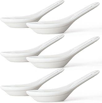 Asian Soup Spoons Set of 6, Ceramic Chinese Soup Spoons Japanese Spoon for Ramen Pho Dumpling Miso Wonton Noodles 5.5 Inch | Flat Bottom Design | White