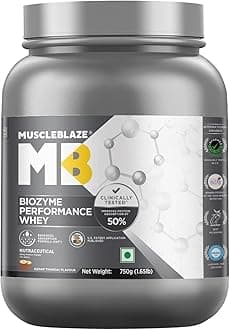 MuscleBlaze Biozyme Performance Whey Protein, Kesar Thandai (750g / 1.65lbs) | 25g Protein Per Scoop | Clinically Tested 50% Higher Protein Absorption