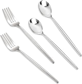 SUT 100Pcs Silver Plastic Silverware - Plastic Spoons and Forks, Disposable Silverware, Plastic Cutlery Set,50 Gold Plastic Forks, 50 Gold Plastic Spoons for Catering, Parties, Dinners, Weddings