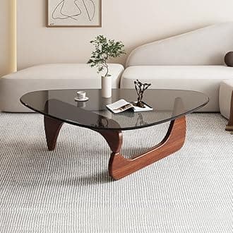 Triangle Coffee Table Modern Noguchi End Table, Solid Wood Base and 8mm Thick Tempered Glass Top Accent for Living Room Office Hotel Patio (Walnut Legs + Gray Glass, 45 * 32 * 16)