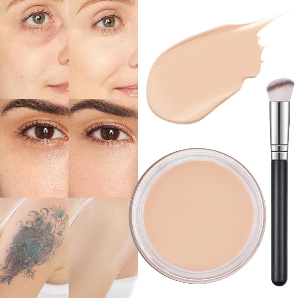 Pot Concealer Full Coverage Set, Under Eye Brightener Color Correcting Concealer for Dark Circles, Waterproof Foundation Face Makeup Brush Kit, Eye Ring Corrector de ojeras, 02 LIGHT CREAM