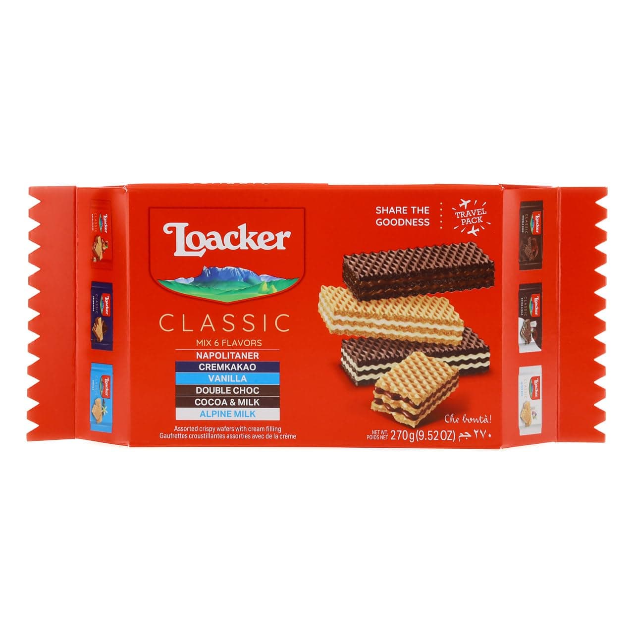 Loacker Classic Waffle Mix - High Quality Assorted Crispy Waffle Cookies - Assortment Pack - Hazelnut, Chocolate, Vanilla, Double Chocolate, Cocoa and Milk, Milk - 45g, Pack of 6