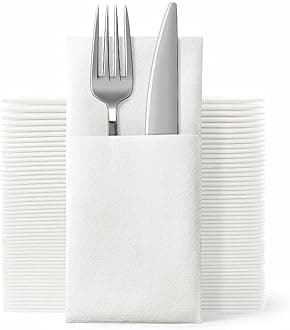 50 Pack Linen Feel Napkins, Disposable Airlaid Paper Napkins Prefolded Dinner Napkins with Built in Flatware Pocket for Silverware Valentine Wedding Party Christmas Day (White)