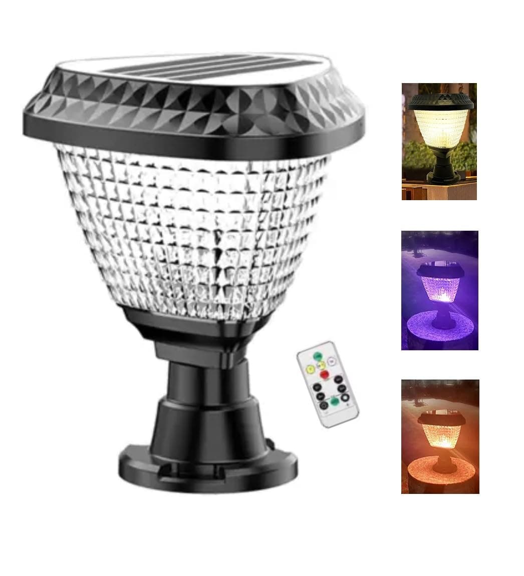 Aarmee Solar Post Light Outdoor Gate 10w Led Power, 2 w Brightness Tricolor+RGB Lamp Solar with Remote Solar LED Outdoor Light for Street Gate Garden (Plastic, 10w-RGB-TRG)