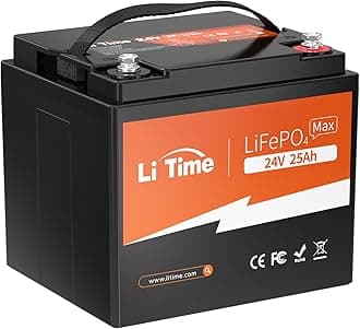 LiTime 24 V 25 Ah Lithium Iron Phosphate Battery, 2C High Rate Discharge, 1280W Load Power, 50A Continuous Discharge Current, 640Wh Power, Multiple Protection by BMS, Small, Lightweight, LiFePO4