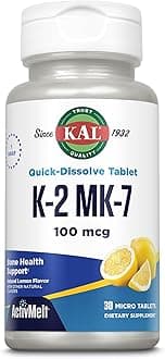 KAL K-2 500mcg Tablets - K2 Vitamin Supplement for Women and Men, Fast-Dissolve for Optimal Absorption, Natural Lemon Flavor, Vegetarian - 100 Micro Tablets