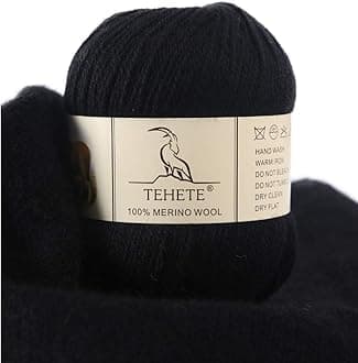 TEHETE 100% Merino Wool Yarn for Knitting 3-Ply Luxury Warm Soft Lightweight Crochet Yarn (Black)
