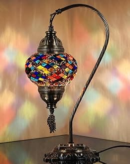 Turkish Table Lamp Moroccan Bedside Light Handmade Tiffany Mosaic Glass Boho Artisan Accent Lighting for Bedroom Living Room, Antique Brass Finish – 15" H, Multicolor