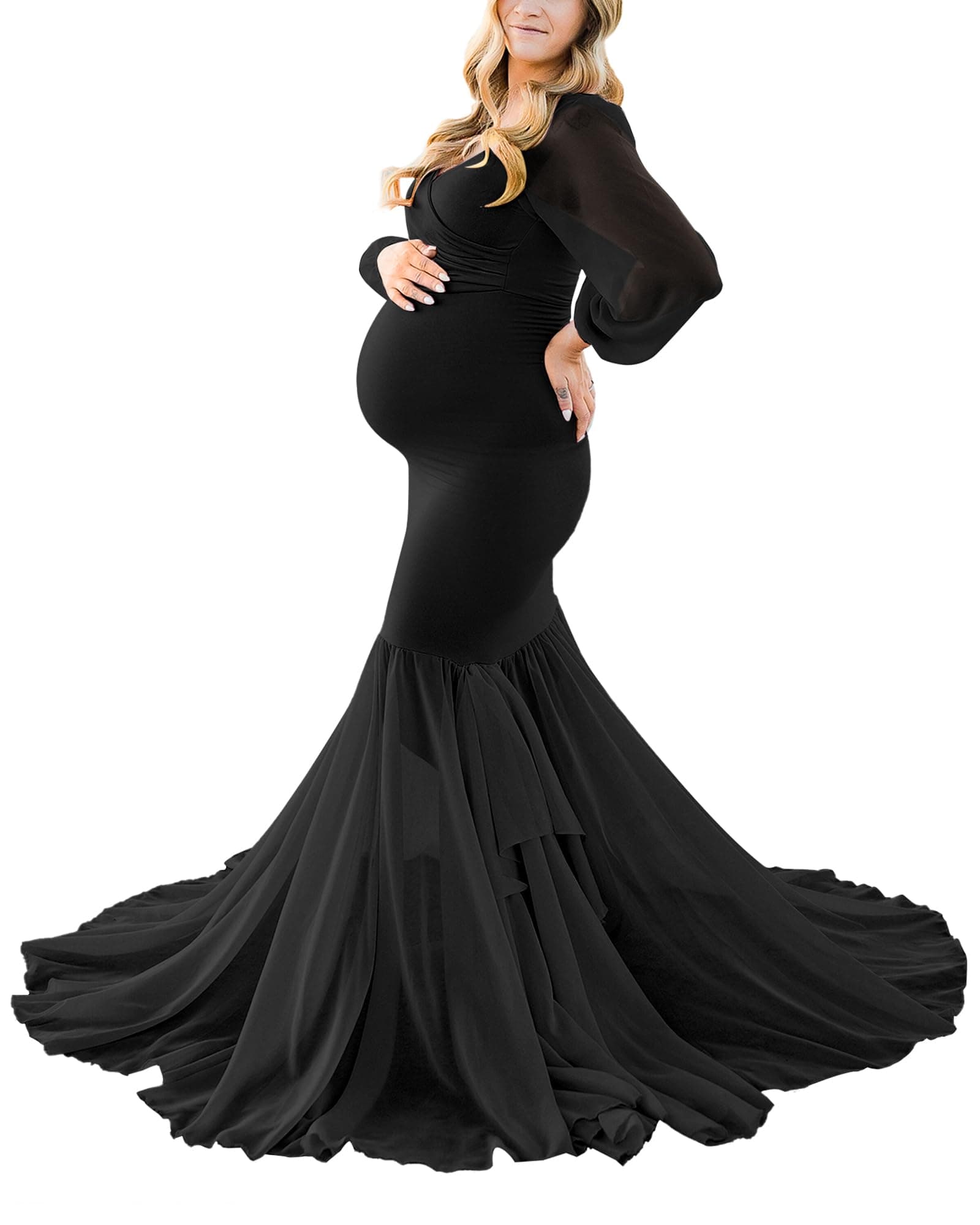 Saslax Long Chiffon Sleeve Tired Mermaid Maternity Dress for Photoshoot Photography Baby Shower