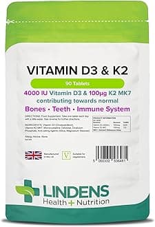 Lindens Vitamin D3 4000IU & MK7 K2 | 90 Tablets | UK Made | Immune Health, Bones, Teeth, Muscle, Blood Calcium Absorption | High Strength Vitamin D & K2 Supplement | 3 Months Supply | Vegetarian