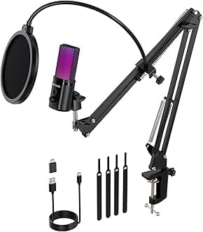 FDUCE M160 USB Gaming Microphone Kit for PC,RGB Condenser Podcast Mic with Monitor Jack,Quick Mute,Gain Control,Pop Filter,Boom Stand for Recording Streaming,Podcasting,Gaming