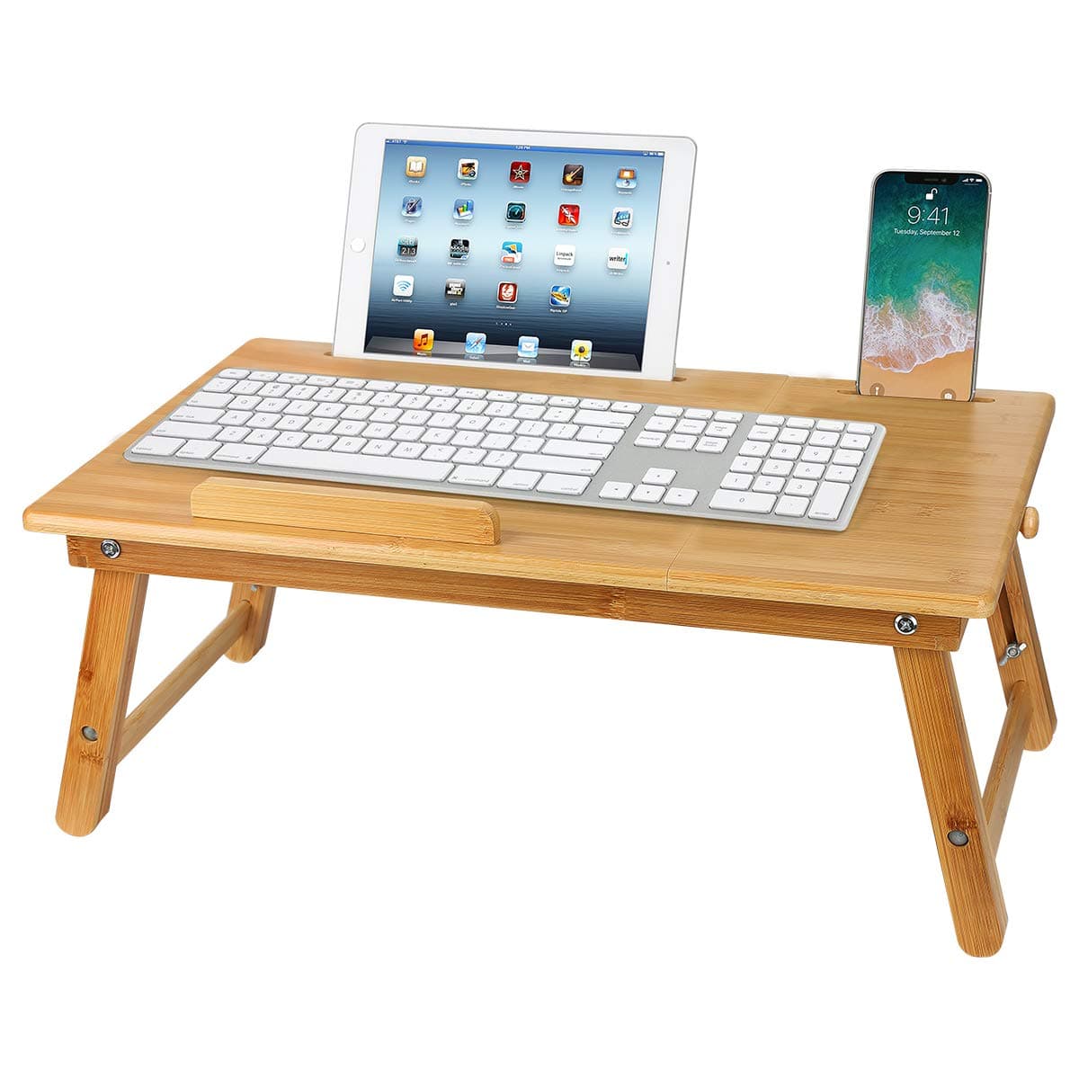 Foldable Large Bed Tray,Portable Bamboo Breakfast Tray,Adjustable Height Lap Desk Laptop Bed Desk with Drawer,Breakfast TrayďźMultifunction Laptop Stand with Tablet & Phone Slots.
