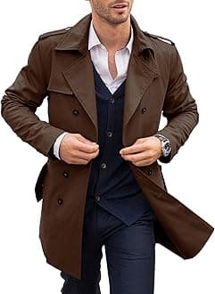 Mens Trench Coat Notched Lapel Double Breasted Long Jacket Windbreaker Overcoat Pea Coat