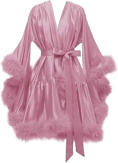 Changuan Women's Feather Robe Silk Satin Fur Bridal Robe Short Dressing Gown Bathrobe Lingerie Nightgown Sleepwear
