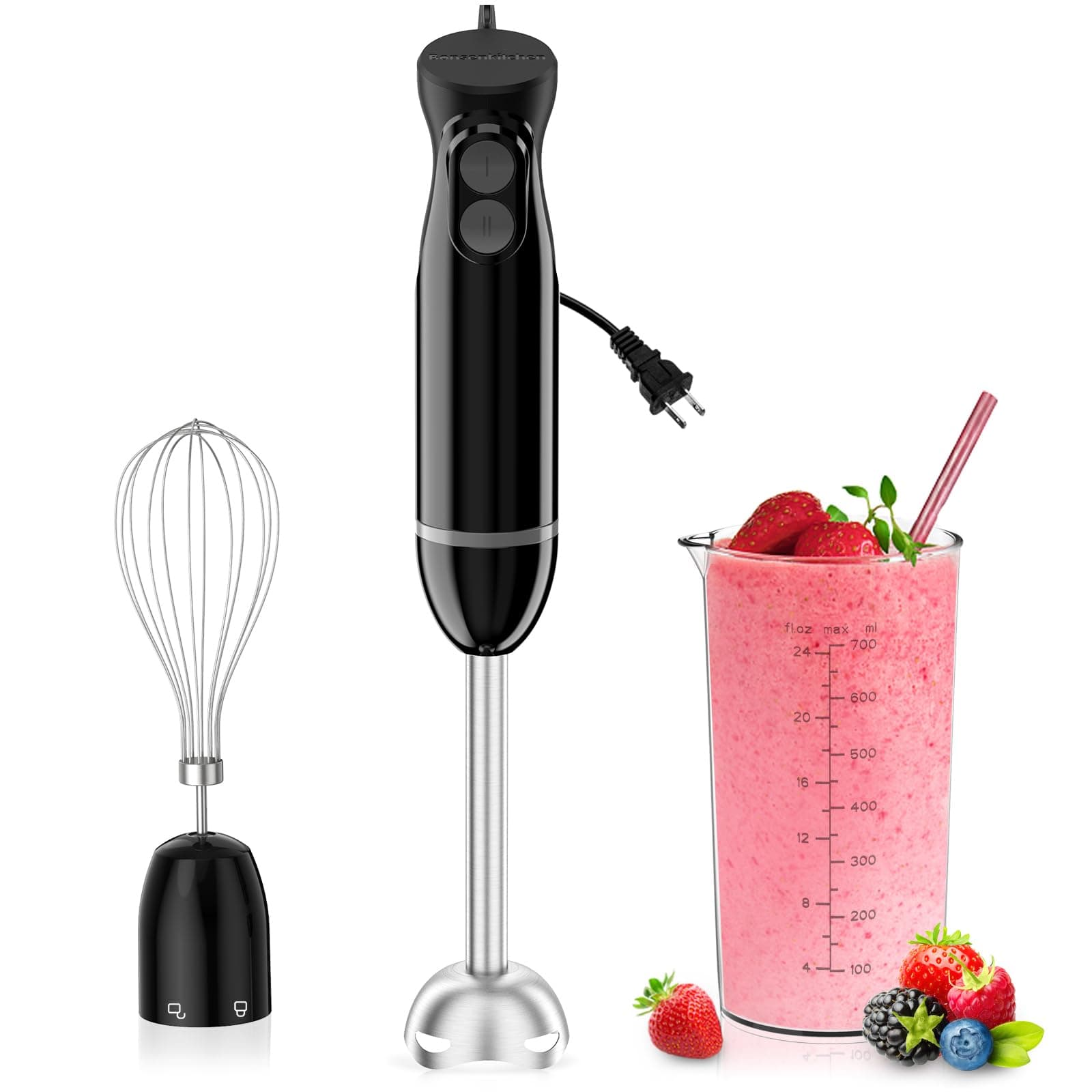 Immersion Blender Handheld, 2 Mixing Speed Hand Blender Electric with Sharp Blades, 3-In-1 Hand Held Stick Blender with Egg Whisk, 24oz Beaker for Soups, Smoothies, Sauce