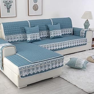 vctops Farmhouse Solid Color Sofa Slipcover Non Slip L Shape Sofa Cover Lace Trim Plaid Quilted Sectional Couch Cover Furniture Protector Cover for Pets Kids Children Dog Cat (Dark Green,43"x43")