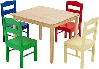 Kids Table and Chair Set, Wooden Children Desk and 4 Chairs, 5 Pcs Kids Activity Furniture for Nursery, Playroom, Preschool and Kindergarten, Boys and Girls Aged 3+ Years Old (Natural+Multi-Color)