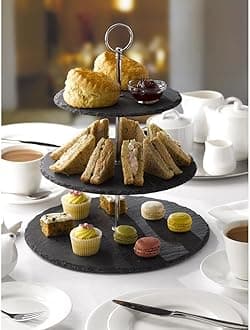 – 3 Tier Cake Stand - Natural Slate | Sturdy Afternoon Tea Stand to Display a Cake, Sandwich, Cupcake & Buffet Food Platters | Serving Platter for Weddings, Birthdays & Christmas | Black