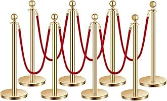 VEVOR Stanchions and Velvet Ropes 8Pcs, Hollow Base with Stainless Steel Post, 6 Red Velvet Ropes and Posts, Crowd Control Barriers Gold Stanchions, Red Carpet Runner Poles for Party Supplies