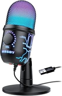 Gaming Microphone, USB Computer Microphone for PC, Mac, PS4/5, Condenser Podcast Mic for Studio Recording, YouTube, Streaming, with Headphone Jack, Led Light, Mute, Gain, Noise Cancellation