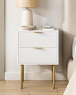 Nightstand,Morden Bedside Table with Gold Frame,Small White Night Stand,End Table,Bedside Furniture,Side Table with 2Drawers for Bedroom,Living Room