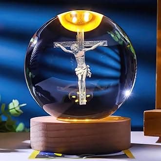 Jesuspirit - Christian Decor, Wooden Light Base Crystal Ball Night Light, Sacred Heart of Jesus, Gifts for Men On Fathers Day, Christian Gifts (3D Jesus Engraved)