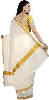 Kerala Kasavu Solid Plain Golden Zari Border Sari With Blouse Piece | Kuthampully Kerala Kasavu Saree Off-White