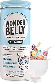 Wonderbelly Antacid, Effective Heartburn and Instant Acid Indigestion Relief, Extra Strength Chewable Tablets, 1000 mg Calcium Carbonate, No Talc or Dye, Fruity Cereal, 60 Count