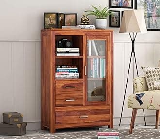 - Sheesham Wood Book Shelf with Acrylic Glass Door | Wooden Sideboard Crockery Cabinet with 3 Drawers & 2 Shelf Storage | Kitchen Display Unit | Bookshelf for Home Library | Honey