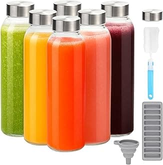 Zukro Glass Water Bottles with Lids 24 oz, 6 Pack Reusable Juice Bottles With Stainless Steel Airtight Cap for Juicing, Leak Proof Clear Drinking Jar Beverage storage container for Fridge, BPA Free