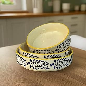 Premium Ceramic Salad Bowl- Serving Snacks Ceramic Plates - Set of 3- Stackable Sizes (5.5 inch, 6.5 inch, 7.5 inch) Microwave Safe, Yellow and Blue | Best for Gifting