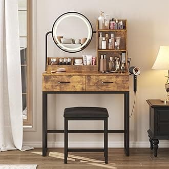 Makeup Computer with Round Mirror and Lamps, Makeup Table with Hairdryer, Small Chest of Drawers for Bedroom with Plenty of Storage Space (Coffee with Load, 15.7 x 31.5 cm