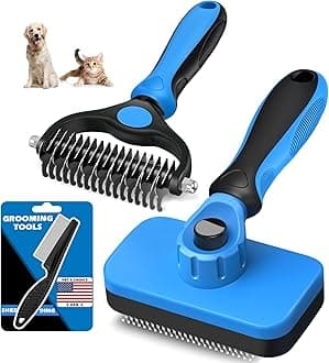 3PCS Self Cleaning Slicker Brush & Pet Grooming Rake & Bath Brush for Dogs and Cats | Double-Sided Dematting Pet Comb & Skin Friendly Deshedding Grooming Tool | Premium Pet Supplies (Blue Black)