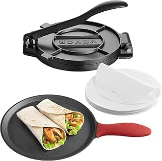 VEVOR Tortilla Press, 8 Inch Cast Iron Tortilla and Roti Maker, Heavy Duty Tortilladora Press, Pataconera Makers with Handle and 100 Pcs Parchment Paper, Dough Taco Press for Flour Tortilla, Tawa