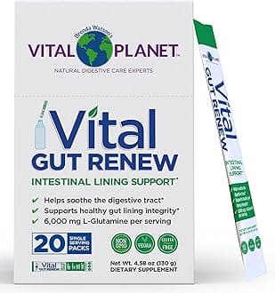 Vital Planet - Vital Gut Renew Powder Supplement for Leaky Gut Repair with L-Glutamine, Marshmallow and Ginger Root, DGL Licorice Root and Organic Aloe Vera, L Glutamine 6000mg, 20 Single Serve Packs