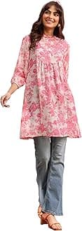 Women's Cream & Pink Silk Blend Floral Printed A-line Tunic