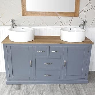 Wooden Bathroom Vanity Unit with 2 Ceramic Basins - Modern Bathroom Sink Cabinet with Drawers - Double Vanity Unit with Chromed Mixer Taps - Grey Painted - Straight Sided Bowl (603GCB026X2)