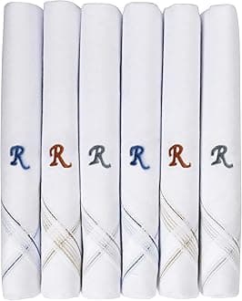 Men's Initial Monogram Embroidery 100% Pure Cotton Handkerchief White Base With Colored Border - Pack Of 6