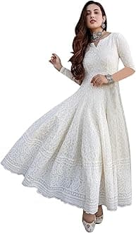 Royal Export Women's Cotton Blend White Chikankari Anarkali Gown with Dupatta | Dresses for Girls | Pant Not Included ||