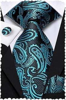 Hi-Tie Silk Paisley Necktie and Pocket Square Cufflinks Set, Teal, Medium