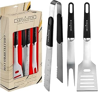 GrilltechGrill Set Heavy Duty BBQ Accessories (3 Pieces) - Premium BBQ Gifts Set for Men/Women - Grilling Tools with Spatula, Fork, BBQ Tongs