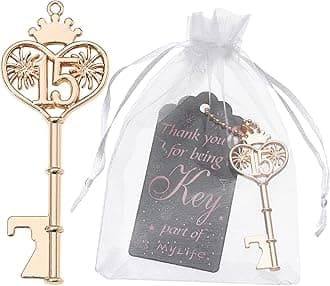 24pcs 15th Gold Key Bottle Opener 15th Birthday Party Favors,15th Key Beer Bottle Opener Favors 15 Anniversary Souvenirs Return Gifts for Guests Party Decor Supplies