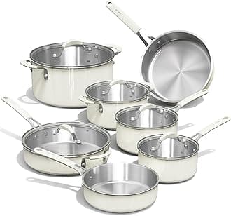 CAROTE 12Pcs Stainless Steel Cookware Set,Stainless Steel Pots and Pans Set with Tempered Glass Lids, Induction Kitchen Cookware Sets with Stay-Cool Handles,Includes Stockpot, White